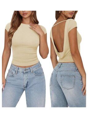 Womens Backless Boat Neck Short Sleeve Y2K Going Out Top Viscose